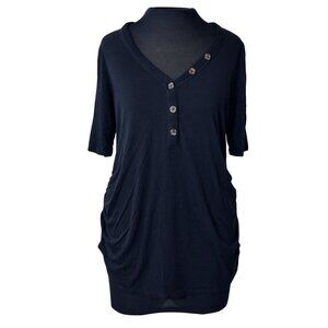 Isabel Maternity Black Ribbed Tunic Top W/ Buttons & Side Ruching M